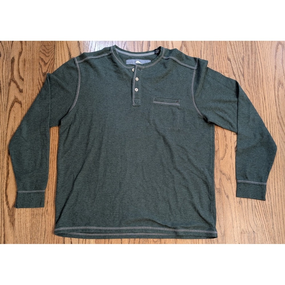 Tommy Bahama Waffle Long Sleeve Henley Shirt Green Men's Large 3-Button